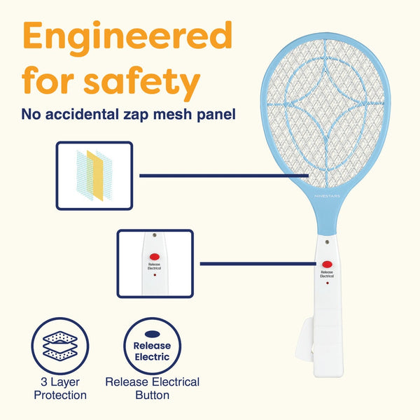 NINESTARS Battery-Free Electric Mosquito Fly Swatter, Ergonomic Design, Press-to-Charge, ABS Material, Triple-Layer Mesh