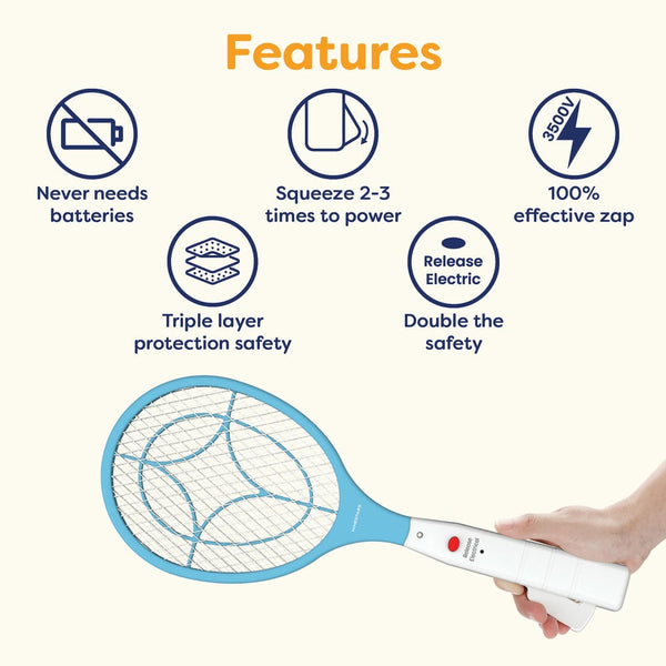 NINESTARS Battery-Free Electric Mosquito Fly Swatter, Ergonomic Design, Press-to-Charge, ABS Material, Triple-Layer Mesh
