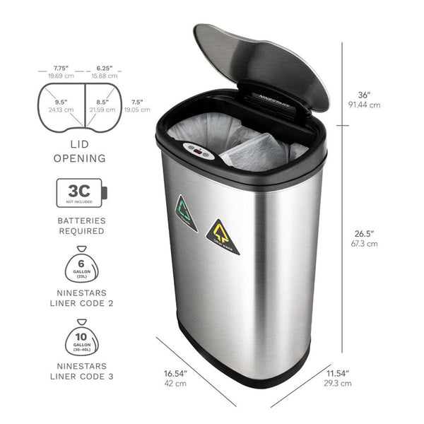 Dual Compartment Touch Free Motion Sensor Trash Can Stainless Steel For Kitchen Office | 13 Gallon
