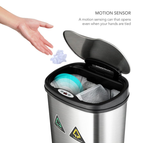 Dual Compartment Touch Free Motion Sensor Trash Can Stainless Steel For Kitchen Office | 13 Gallon