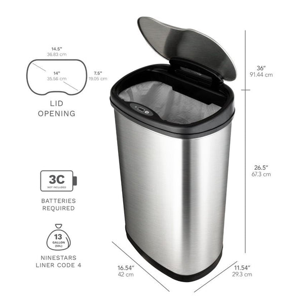 Oval Touch Free Motion Sensor Trash Can Stainless Steel for Kitchen Office | 13.2 Gallon