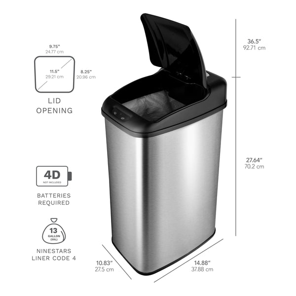 Slim Touch-Free Motion Sensor Trash Can Stainless Steel For Kitchen Office | 13 Gallon