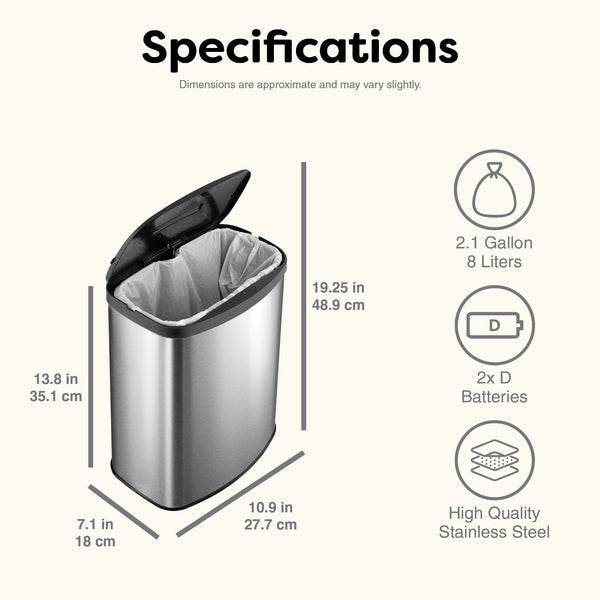 Stainless Steel Motion Sensor Touch Free Trash Can For Bedroom Bathroom | 2 Gallon