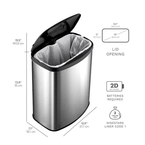 Stainless Steel Motion Sensor Touch Free Trash Can For Bedroom Bathroom | 2 Gallon