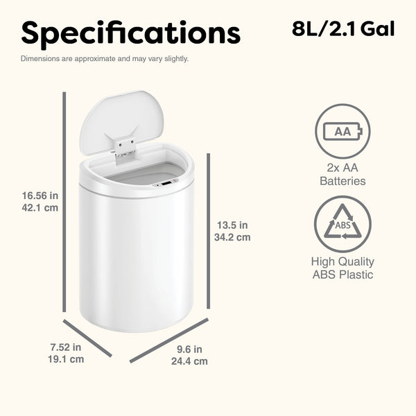 Semi-Round Motion Sensor Trash Can ABS White for Bathroom Bedroom Office | 2.6/2.1Gallon