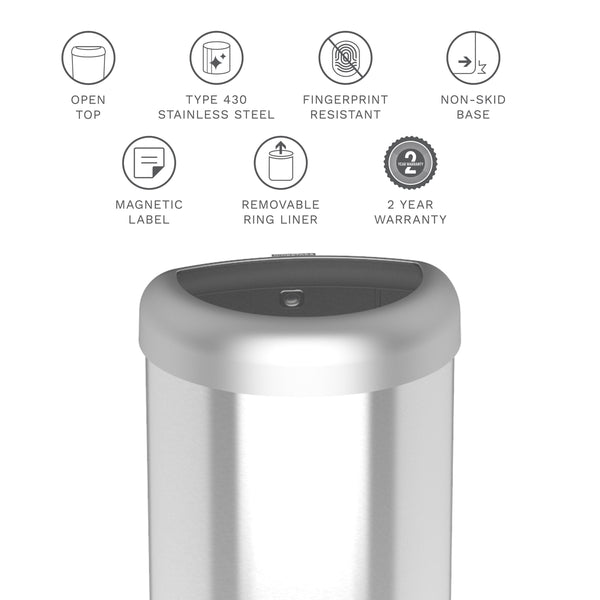 Stainless Steel Open Tap Trash Can Fingerprint Resistant Large Capacity | 21 Gallon