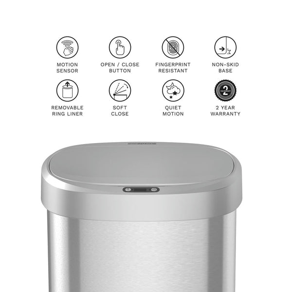 Oval Automatic Sensor Trash Can Soft Close Stainless Steel For Kitchen Office | 13 Gallon