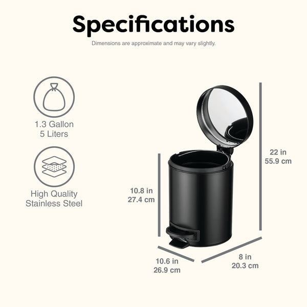 Round Step On Trash Can For Bathroom and Bedroom Black | 1.3 Gallon