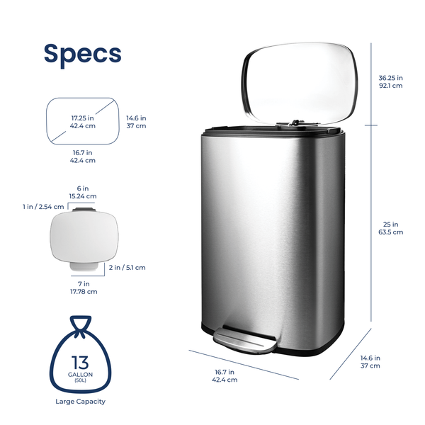 Rectangular Step On Trash Can Stainless Steel for Kitchen and Office | 13 Gallon