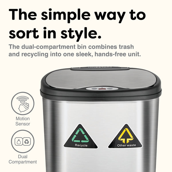 Dual Compartment Touch Free Motion Sensor Trash Can Stainless Steel For Kitchen Office | 13 Gallon