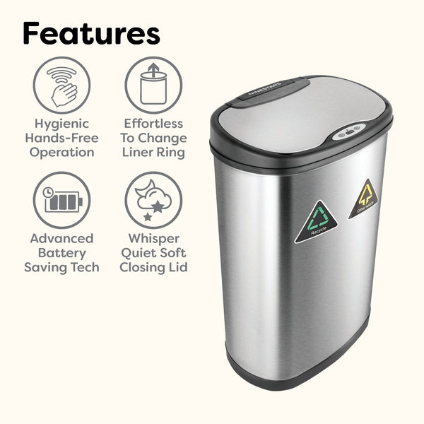 Dual Compartment Touch Free Motion Sensor Trash Can Stainless Steel For Kitchen Office | 13 Gallon