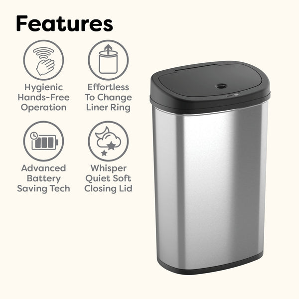 Oval Touch-Free Motion Sensor Trash Can Stainless Steel For Kitchen Office | 13.2 Gallon
