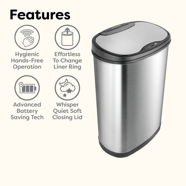 Oval Touch Free Motion Sensor Trash Can Stainless Steel for Kitchen Office | 13.2 Gallon