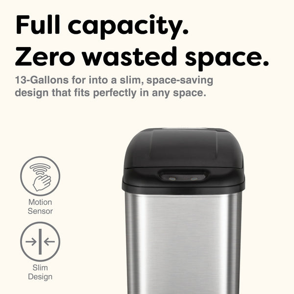 Slim Touch-Free Motion Sensor Trash Can Stainless Steel For Kitchen Office | 13 Gallon