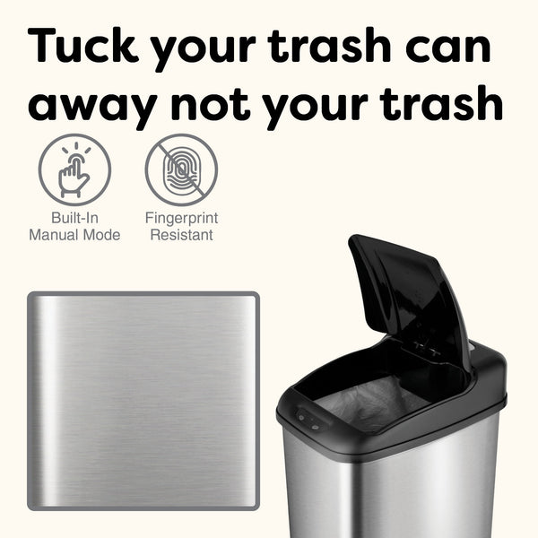 Slim Touch-Free Motion Sensor Trash Can Stainless Steel For Kitchen Office | 13 Gallon