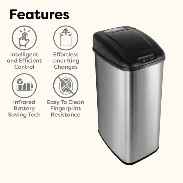 Slim Touch-Free Motion Sensor Trash Can Stainless Steel For Kitchen Office | 13 Gallon