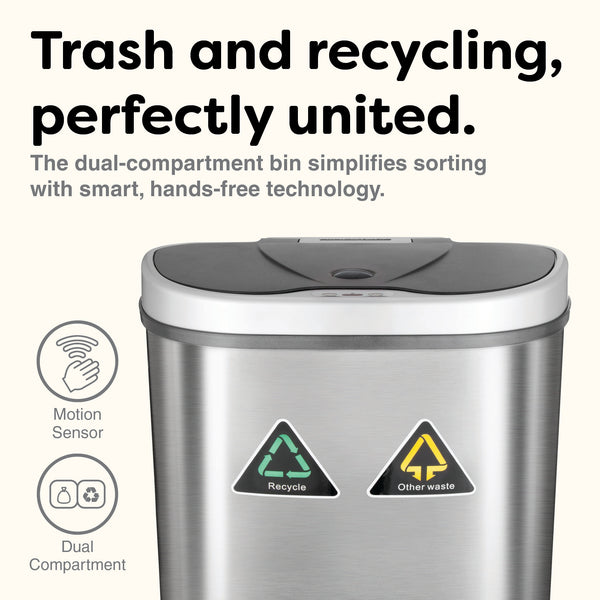 Dual Compartment Hands-Free Motion Sensor Trash Can Stainless Steel For Kitchen Office | 18.5 Gallon