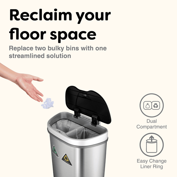 Dual Compartment Hands-Free Motion Sensor Trash Can Stainless Steel For Kitchen Office | 18.5 Gallon