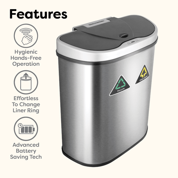Dual Compartment Hands-Free Motion Sensor Trash Can Stainless Steel For Kitchen Office | 18.5 Gallon