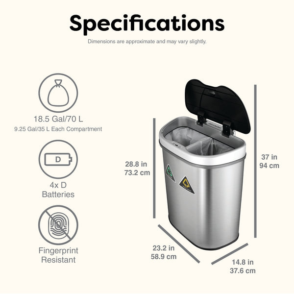 Dual Compartment Hands-Free Motion Sensor Trash Can Stainless Steel For Kitchen Office | 18.5 Gallon