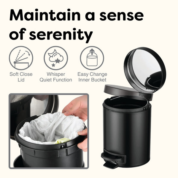 Round Step On Trash Can For Bathroom and Bedroom Black | 1.3 Gallon