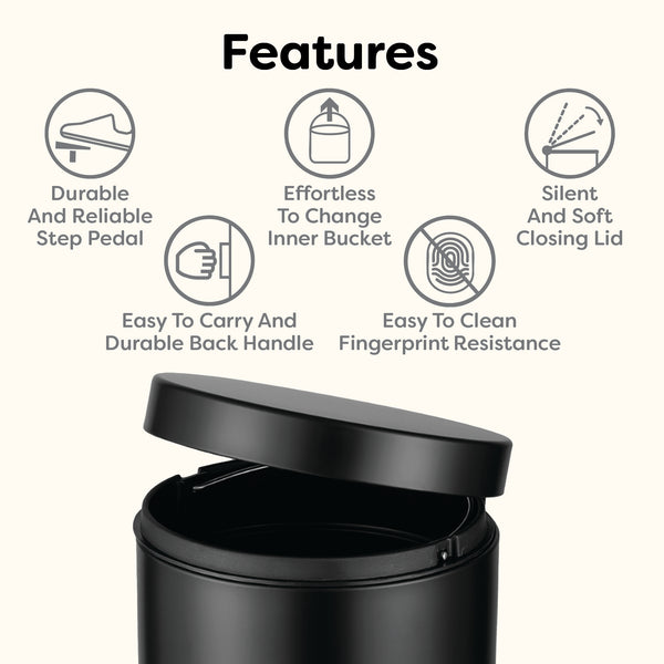 Round Step On Trash Can For Bathroom and Bedroom Black | 1.3 Gallon